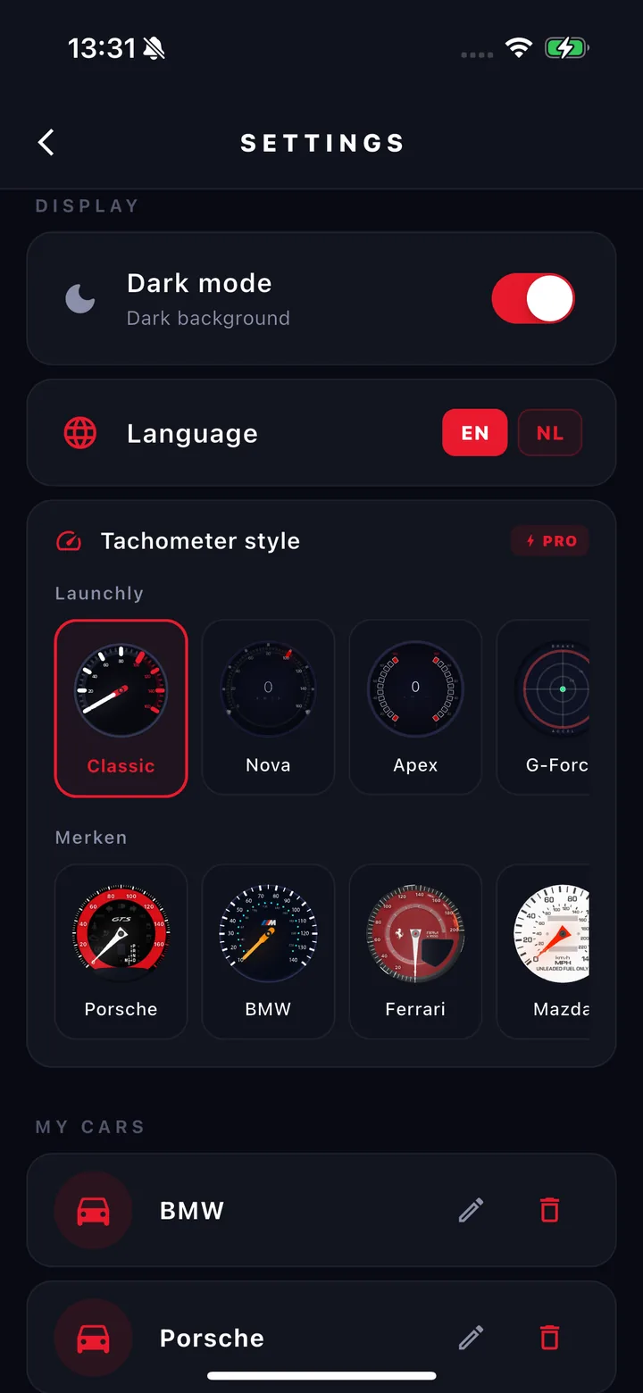 Settings screen with the selectable gauge styles