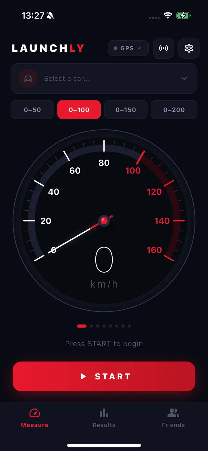 Launchly measure screen with the speed gauge and the 0-100 km/h target selected