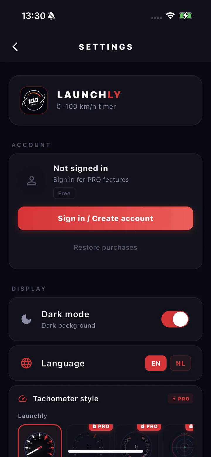 Settings screen with account, dark mode and language options